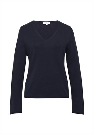 Tamsiai mėlynas V formos megztinis su ilgomis rankovėmis, pagamintas iš minkštos medžiagos, pasižymintis švariomis linijomis ir paprastu dizainu.