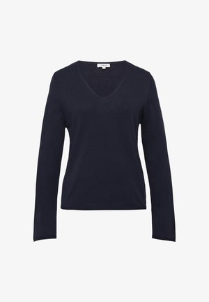 Marineblauwe V-halstrui met lange mouwen, gemaakt van zachte stof, met strakke lijnen en een eenvoudig ontwerp.