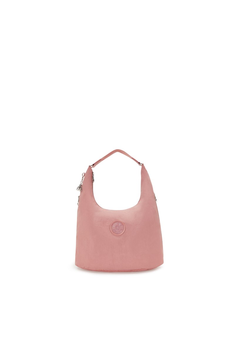 Rosa hobo-väska tillverkad av mjukt material, med en rundad form, en axelrem och en cirkulär präglad logotypdetalj på framsidan.