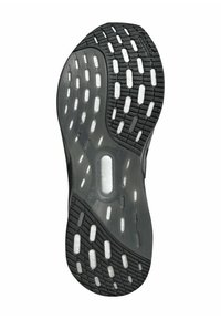 Semelle de chaussure de sport noire et grise avec un motif texturé, comportant plusieurs rainures et sections découpées pour améliorer la traction et la flexibilité.