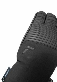 Zwarte handschoenen met gegolfde padding, gemaakt van rekbaar materiaal. Beschikt over een getextureerd logo en een label met de aanduiding "R-TEX XT" technologie.
