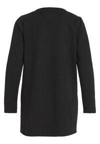 Tunic nera a maniche lunghe, con texture, scollatura rotonda e orlo dritto, mostrata di spalle.