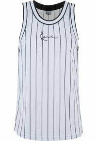 Hvid ærmeløs tanktop med sorte lodrette striber, rund hals og sorte accenter. Har en sort signatur på forsiden. Lavet af åndbart stof.