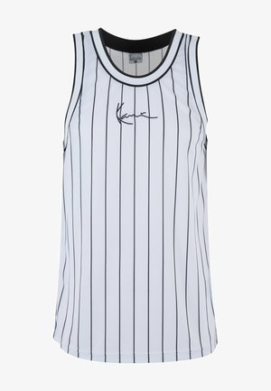 Valge ilma varrukateta t-särk mustade vertikaalsete triipudega, ümmargune kaelus ja mustad aktsendid. Ees on must allkiri. Valmistatud hingavast kangast.