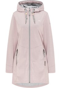Jasnoróżowy długi płaszcz z kapturem, wyposażony w zamek błyskawiczny z przodu, dwie boczne kieszenie, elastyczne sznurki oraz szare wnętrze.