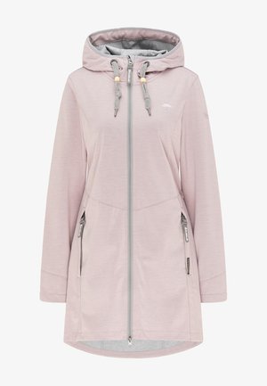 Giacca lunga rosa chiaro con cappuccio, dotata di zip frontale, due tasche laterali, lacci elastici e fodera interna grigia.