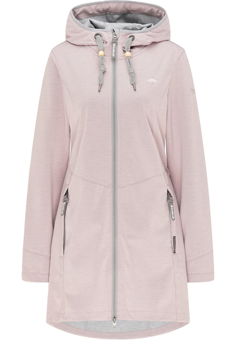 Jasnoróżowy długi płaszcz z kapturem, wyposażony w zamek błyskawiczny z przodu, dwie boczne kieszenie, elastyczne sznurki oraz szare wnętrze.
