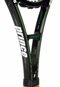 Grafieten tennisracket met een zwart frame, wit "prince" logo, groene accenten en een zwarte grip. Bevat details over de bespanning en specificaties.