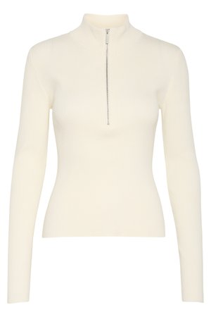 Pull en maille côtelée, couleur crème, avec fermeture éclair demi-zip et manches longues, affichant une silhouette ajustée et une texture douce.