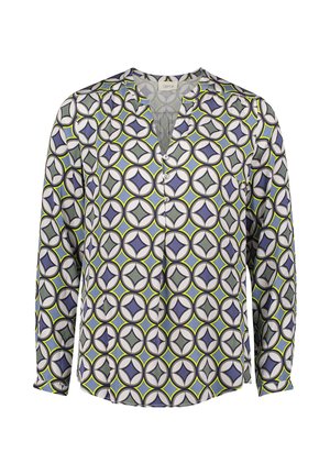 Blouse à manches longues en tissu léger avec un motif géométrique de cercles gris, bleu et vert, dotée d'une fermeture à boutons et d'un col.