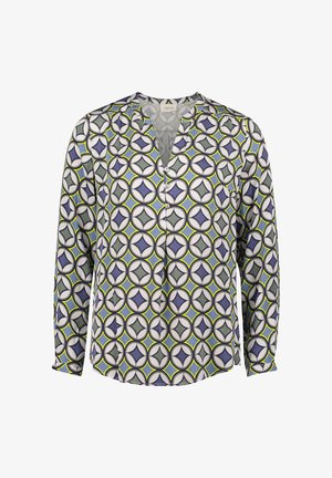 Bluzka z długim rękawem z lekkiego materiału, ozdobiona geometrycznym wzorem okręgów w odcieniach szarości, niebieskiego i zielonego, z zapięciem na guziki z przodu i kołnierzem.