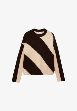 Maglione lavorato a maglia con bold strisce diagonali in marrone scuro e crema, colletto rotondo e maniche lunghe. Texture morbida.