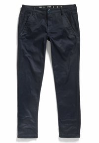 Marineblauwe katoenen broek met rechte pijpen, voorzakken en een knoopsluiting. Gladde textuur, minimalistisch ontwerp, zonder zichtbare patronen.