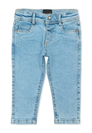 Jeans azzurri chiari per bambini piccoli con tasche frontali e taschino porta monete, chiusura con bottone metallico e orli cuciti, esposti stesi su sfondo bianco.