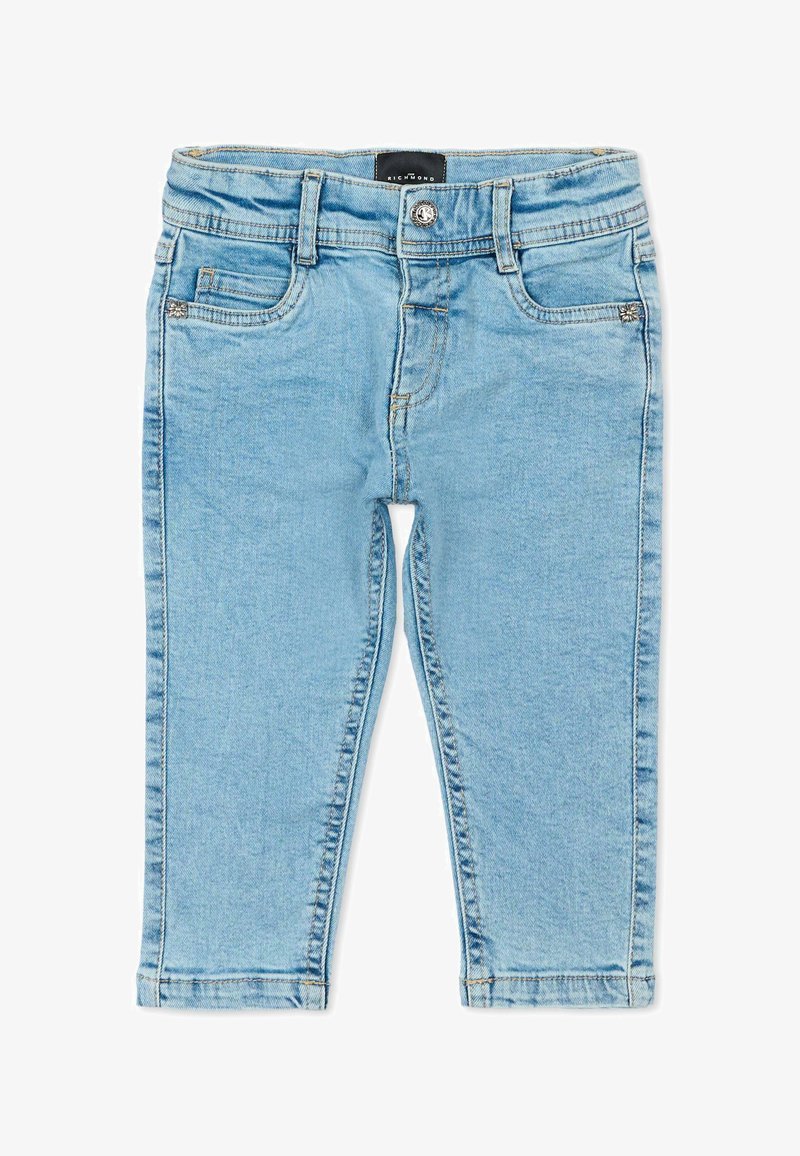 Jean bleu clair pour tout-petit avec poches avant et poche monnaie, fermeture par bouton métallique et ourlets cousus, présenté à plat sur fond blanc.