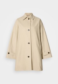 Μπεζ παλτό τύπου trench από ελαφρύ ύφασμα, με λαιμόκοψη με γιακά, πέντε κουμπιά μπροστά και δύο πλαϊνές τσέπες με μανσέτες με κουμπιά.