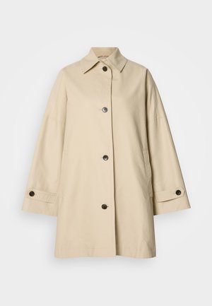 Μπεζ παλτό τύπου trench από ελαφρύ ύφασμα, με λαιμόκοψη με γιακά, πέντε κουμπιά μπροστά και δύο πλαϊνές τσέπες με μανσέτες με κουμπιά.