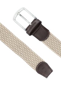 Wpleciony beżowy pasek z brązowym skórzanym końcem i srebrną metalową klamrą. Posiada plecioną fakturę i wytłoczone logo na skórze.
