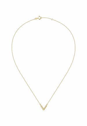 Goldkette mit einer zarten Kette im V-förmigen Design und sieben sphärischen Akzenten. Glatte, glänzende Oberfläche mit einem Karabinerverschluss.