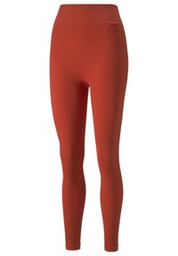 Rode geribde leggings met een hoge tailleband, gemaakt van rekbaar materiaal, met een slank, figuurvormend ontwerp en een effen kleur.