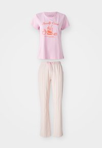 T-shirt de algodão rosa claro com estampa e ilustração "Costa Amalfitana". Calças de pijama listradas em branco com riscas em rosa e coral, com cintura elástica.
