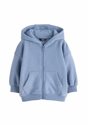 Hellblauer Kapuzenpullover mit Front-Reißverschluss, Vordertaschen, gerippten Bündchen und Kapuze, für Kinder entworfen.