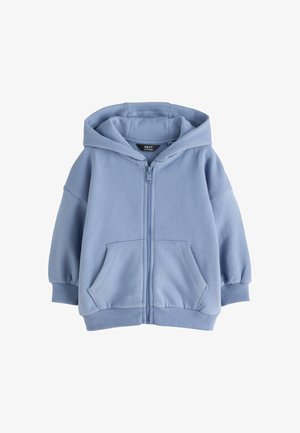Sweat à capuche zippé bleu clair avec poches avant, poignets côtelés et capuche, conçu pour les enfants.