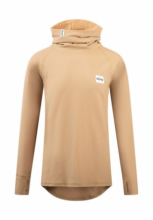Beige langärmliges Oberteil mit einem hohen, klappbaren Kragen. Verfügt über eine gerippte Textur, einen abgerundeten Saum und ein kleines Markenlabel auf der Vorderseite.