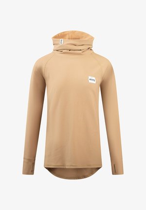 Beige langärmliges Oberteil mit einem hohen, klappbaren Kragen. Verfügt über eine gerippte Textur, einen abgerundeten Saum und ein kleines Markenlabel auf der Vorderseite.