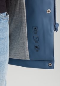 Der Rand der blauen Jacke mit Reißverschluss und Druckknöpfen zeigt Etiketten: winddicht, beheizte Nähte, wasserdicht, neben grauem und Jeansstoff.