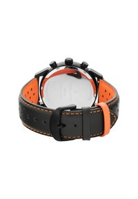 Černé chronografické hodinky s texturovaným šedým koženým páskem s oranžovými akcenty. Pouzdro z nerezové oceli a kruhový ciferník; viditelné zapínání na sponu.