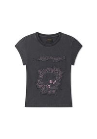 Black short-sleeve t-shirt with a pink floral skull design on the front and cursive text above the graphic.