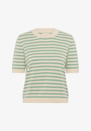 Pull à manches courtes rayé en tissu doux. Présente des rayures horizontales vert clair et crème. Encolure ronde côtelée et poignets.