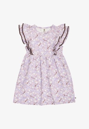 Robe pour tout-petit lavande avec des manches papillon, un galon rickrack marron et un motif floral avec des accents orange et violet.