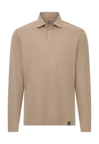Polo a maniche lunghe beige con colletto e due bottoni, con un piccolo etichetta nera sull'orlo inferiore.
