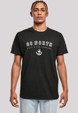 Black cotton t-shirt featuring a round neck, short sleeves, and white print that reads "GO NORTH" with an anchor graphic.