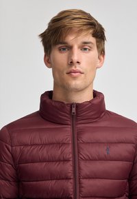 Burgundyröd puffjacka med hög krage, framzip och horisontell quiltning. Har en liten blå logotyp på bröstet. Slät textur.