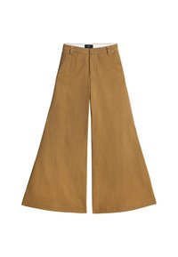 Pantaloni a gamba larga in cotone marrone chiaro, con vita alta, tasche anteriori e una trama liscia. Vita elasticizzata per il massimo comfort.