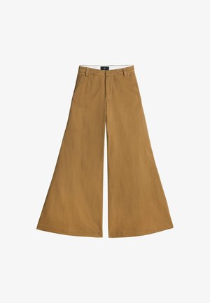 Weit geschnittene Hosen aus leichtem Baumwollstoff in Hellbraun, mit hoher Taille, vorderen Taschen und glatter Oberfläche. Dehnbund für zusätzlichen Komfort.