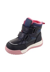 Dziecięce buty zimowe w granatowo-różowym kolorze z dwiema regulowanymi paskami i wyściełanym kołnierzem.