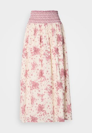 Maxirock in Creme mit rosa floralem und geometrischem Muster. Verfügt über einen gerafften Bund für eine verstellbare Passform und besteht aus leichtem Material.