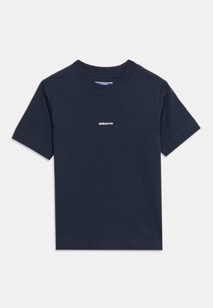 T-shirt uni bleu marine à manches courtes avec col rond et petit logo blanc "jack & jones" centré sur la poitrine.