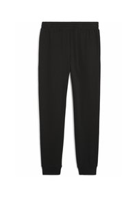 Schwarze Sweatpants mit einem elastischen Bund, schmal zulaufenden Beinen und einer glatten Textur. Keine sichtbaren Muster oder Beschläge. Entworfen für Komfort.