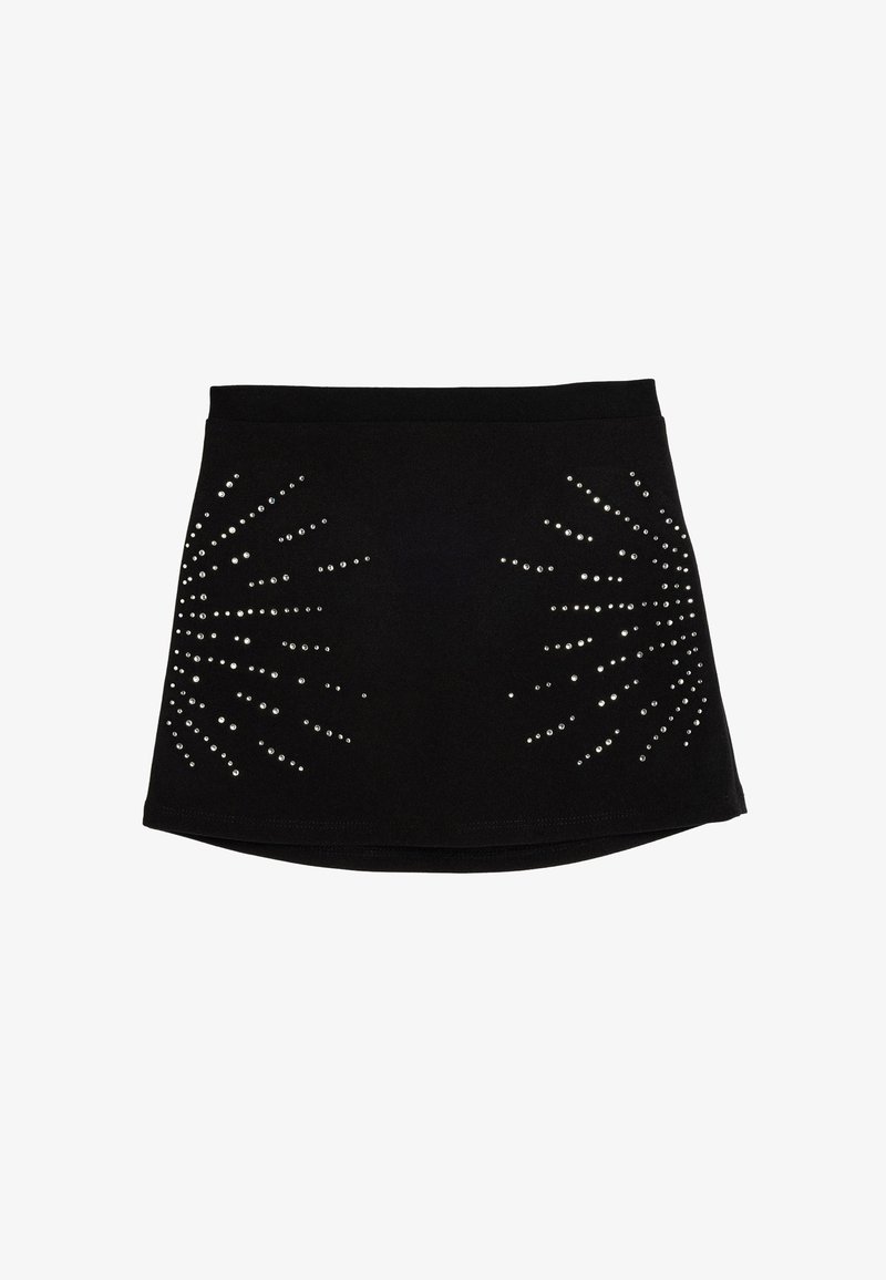 Sorte stofskørt med en udvidet form, prydet med sølvfarvede rhinestones arrangeret i burst-mønstre på begge sider. Blød tekstur.