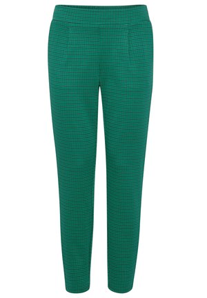 Green patterned trousers featuring a grid design, made from a smooth fabric with side pockets and a tapered fit.