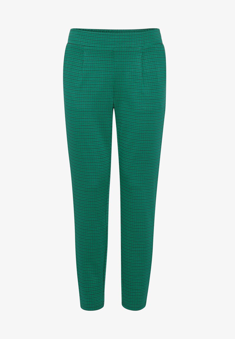 Zielone spodnie w kratkę z gładkiej tkaniny, z kieszeniami po bokach i zwężanym krojem.