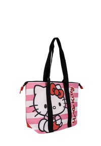 Borsa a tracolla rosa con manici neri, caratterizzata da una grande stampa di Hello Kitty su sfondo a righe. Chiusura con zip e dettaglio rosso.