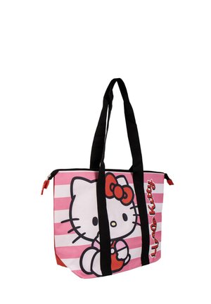 Sac fourre-tout rose avec des poignées noires, présentant un grand motif Hello Kitty sur un fond rayé. Fermeture éclair avec accent rouge.