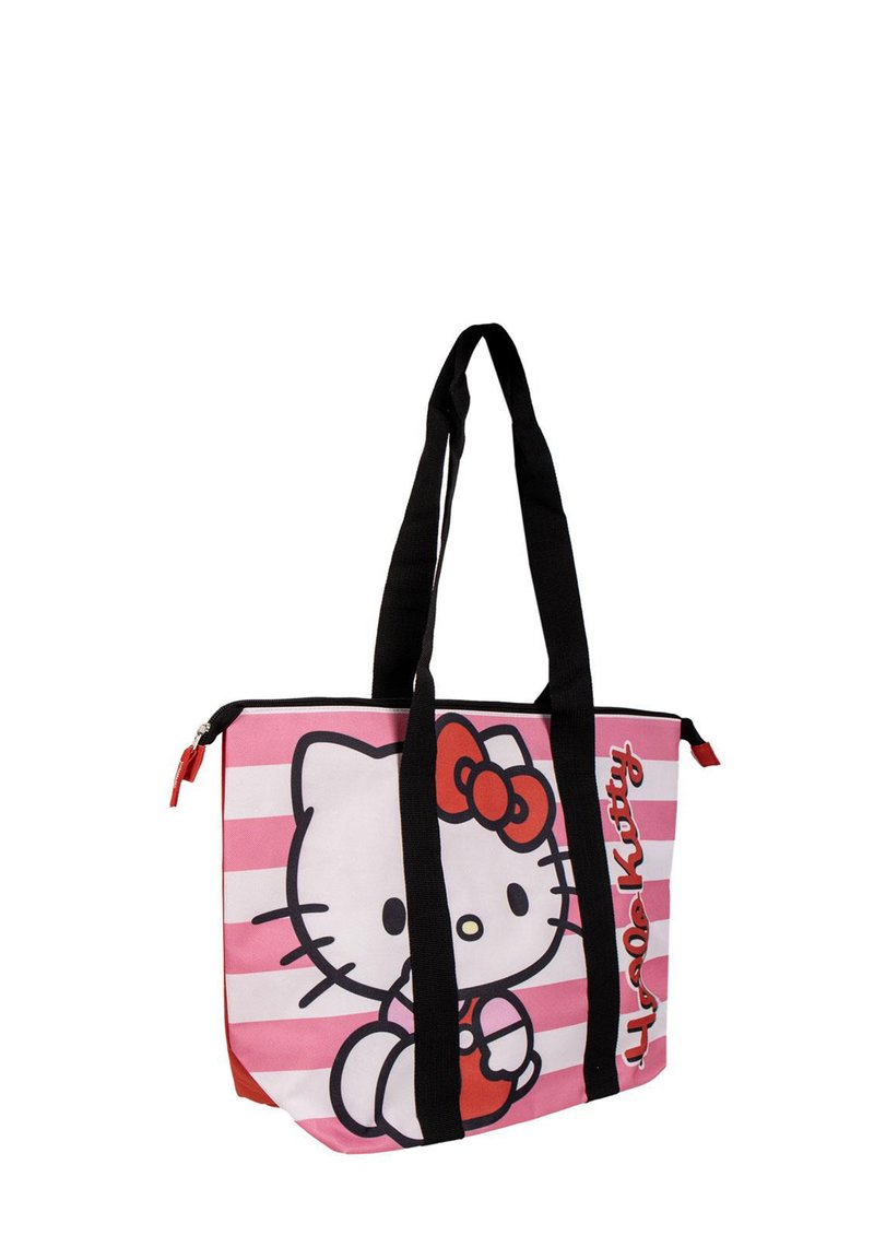 Borsa a tracolla rosa con manici neri, caratterizzata da una grande stampa di Hello Kitty su sfondo a righe. Chiusura con zip e dettaglio rosso.