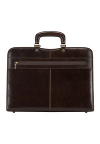 Maletín de cuero marrón con una textura suave, doble asa y un bolsillo con cremallera en la parte frontal. Presenta costuras verticales y detalles en hardware dorado.